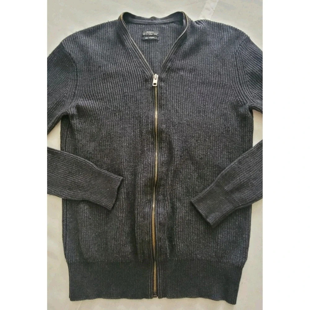 AllSaints Ribbed Zip Cardigan Mens XS Dark Gray Wool Blend Sweater Full Zip